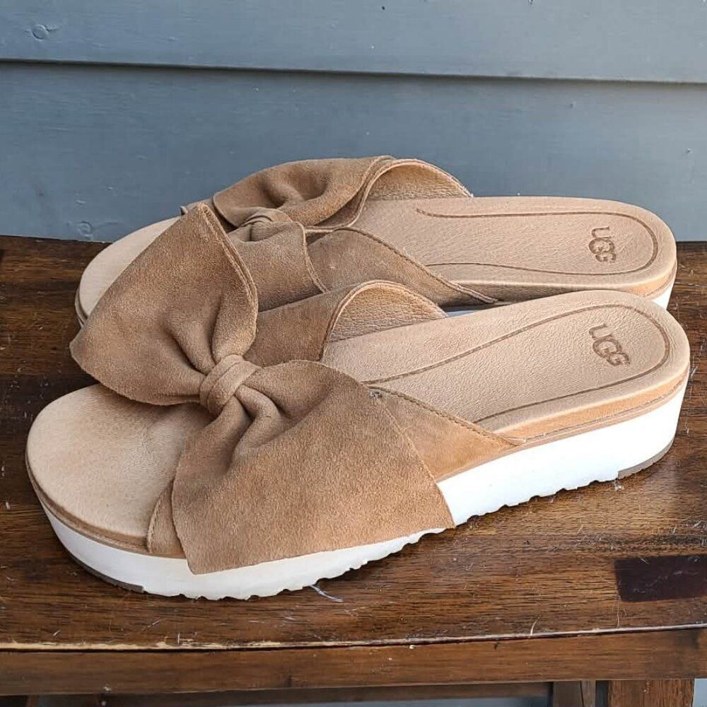 UGG Joan II Chestnut Suede Bow Platform Sandal size 8 LIKE NEW - Picture 2 of 9